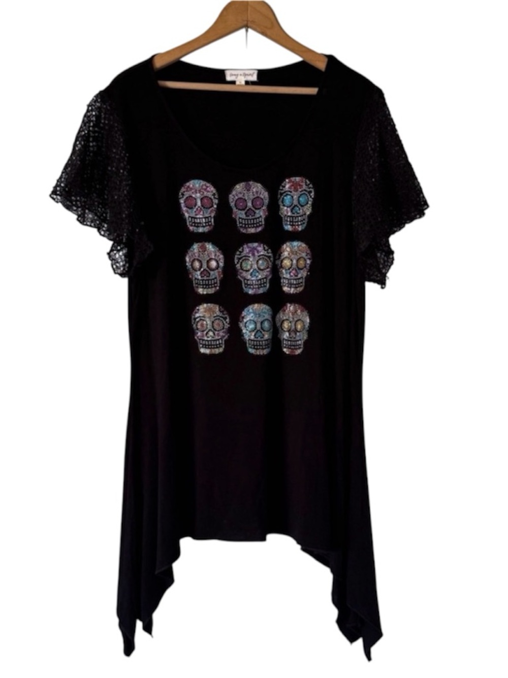 Song N Spirit Sugar Skull Tshirt XL Black Jewels Mesh Calavera Halloween Gothic